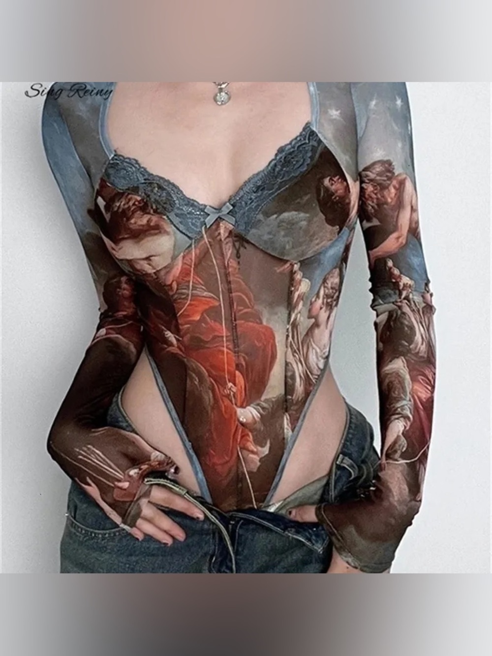 Mesh sheer Renaissance Oil Painting Print Long-Sleeve Bodysuit